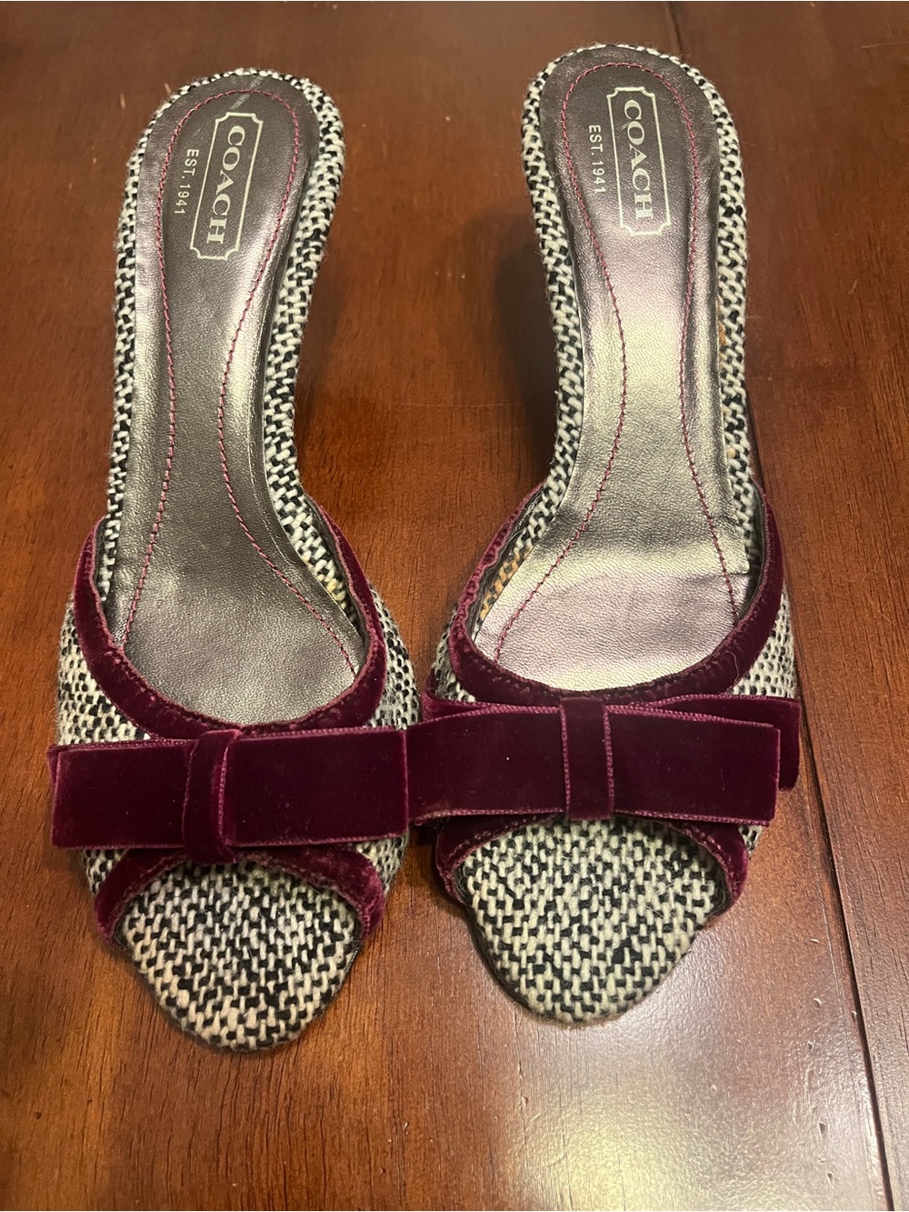 Coach candi tweed kitten heels sandles velvet bow made in Italy 8.5 soho y2k vtg